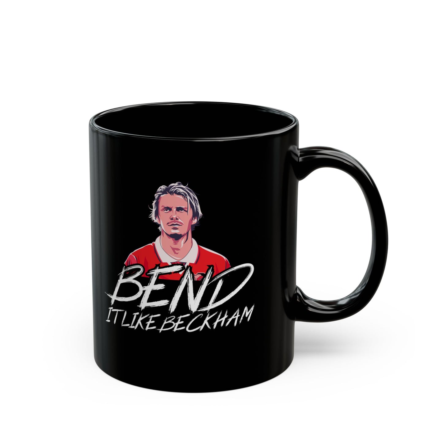 "Bend It Like Beckham - Manchester United Mug" in 11oz and 15oz, 100% ceramic with a glossy finish, perfect for tea or coffee-loving Manchester United fans.