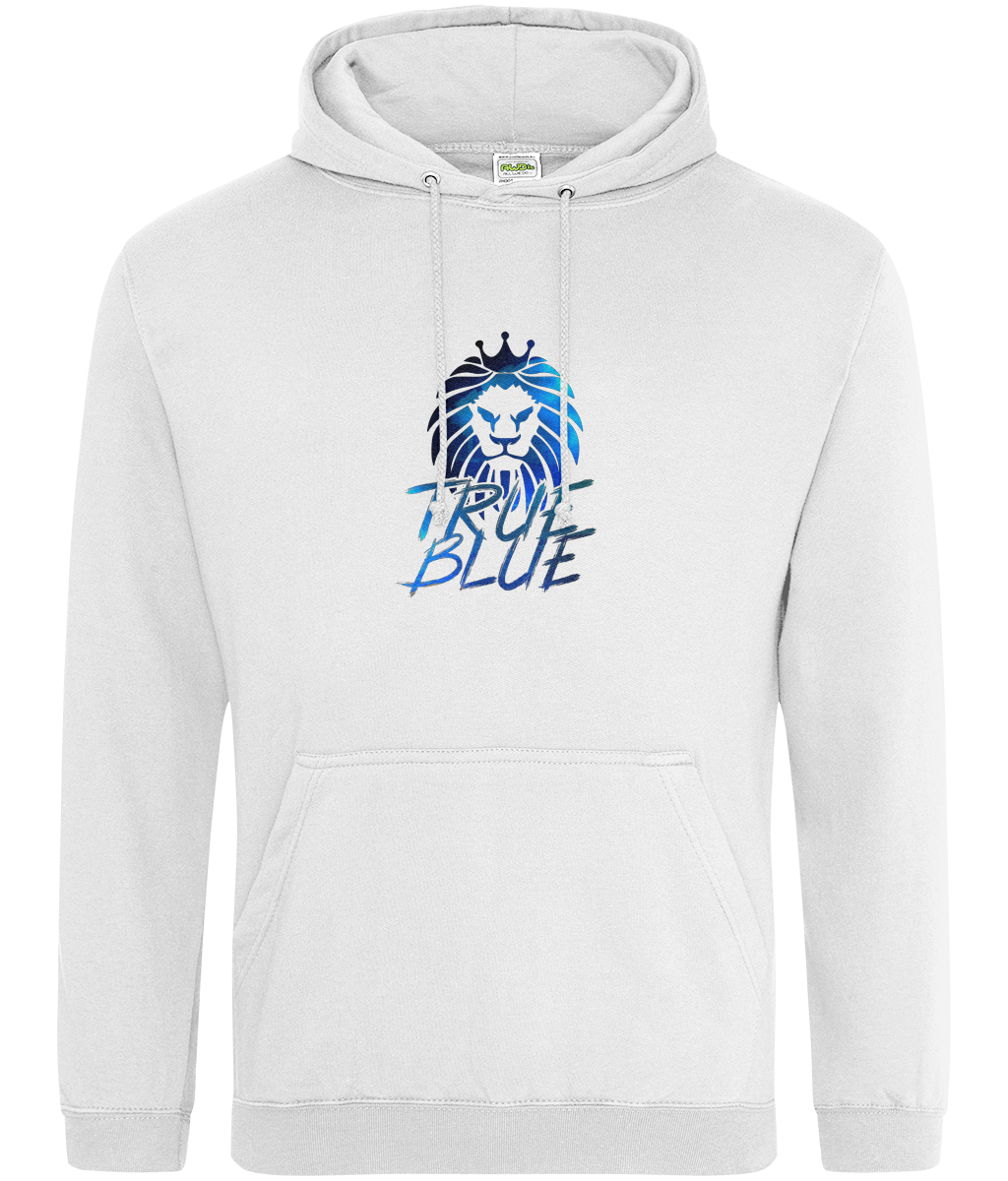 "True Blue - Chelsea Hoodie Unisex" with drop shoulder style, soft cotton fabric, and front pouch pocket, perfect for Chelsea supporters.