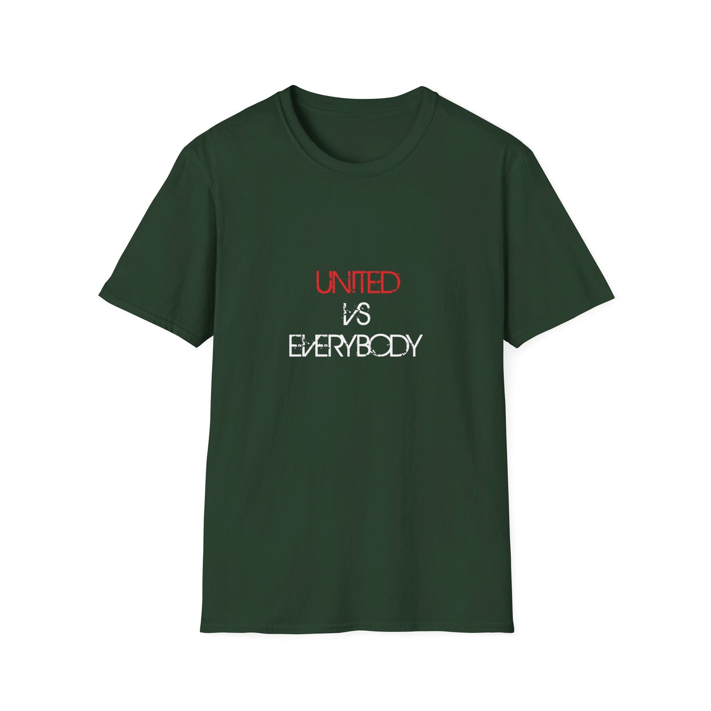 "Manchester United Unisex T-shirt with 'United vs Everybody' slogan, made from 100% ring-spun cotton."
