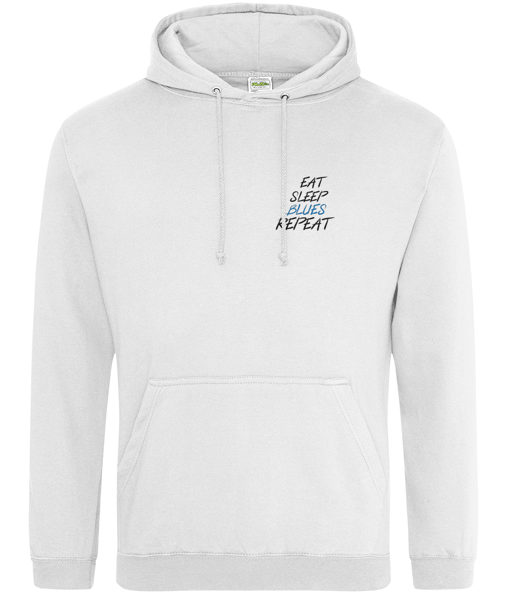 "Eat, Sleep, Blues, Repeat - Chelsea Chest Design Hoodie Unisex" with bold chest design, drop shoulder style, and soft cotton fabric, ideal for Chelsea fans.