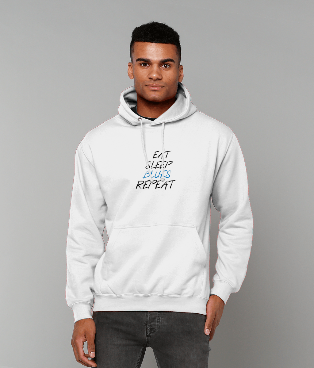 "Eat, Sleep, Blues, Repeat - Chelsea Hoodie Unisex" with drop shoulder style, soft cotton fabric, and front pouch pocket, ideal for Chelsea supporters.
