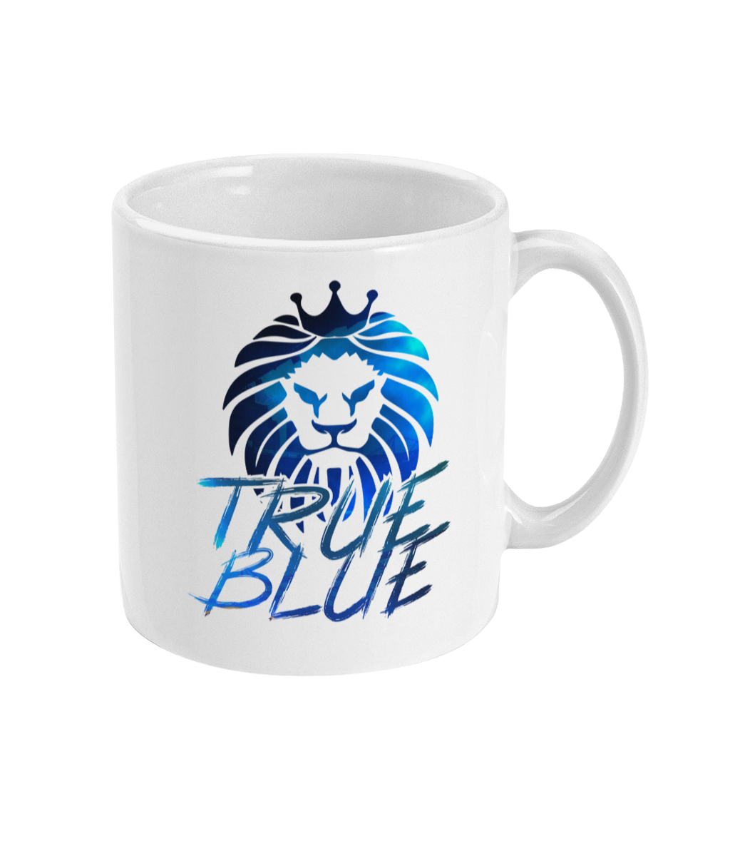 "True Blue - Chelsea 11oz Mug," ceramic with a glossy white finish, ideal for tea or coffee-loving Chelsea fans.
