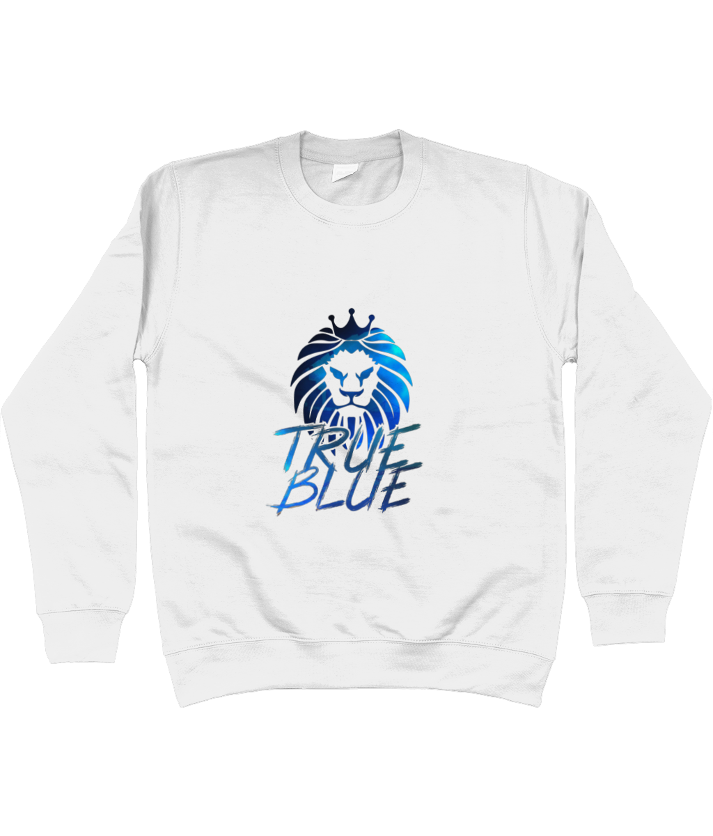 Unisex Chelsea jumper featuring a bold True Blue graphic, designed for comfort and style, displayed on a neutral background.