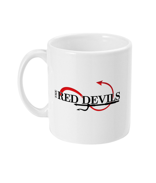 The Red Devils 11oz mug product mockup with red and black lettering