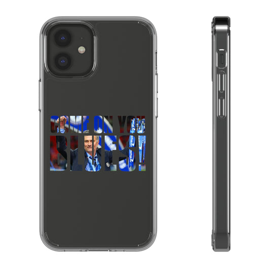 "Come On You Blues - Chelsea Clear Phone Case," sleek and lightweight with shock absorption and scratch resistance, supports wireless charging, perfect for loyal Chelsea fans.