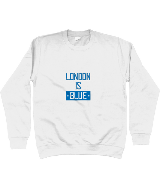 Stylish navy Chelsea jumper with a bold 'London Is Blue' graphic printed across the chest, perfect for football fans