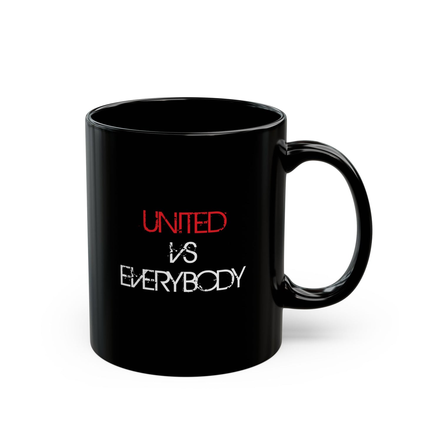 "United vs Everybody - Manchester United Mug" in 11oz and 15oz, 100% ceramic with a glossy finish, perfect for tea or coffee-loving Manchester United fans.