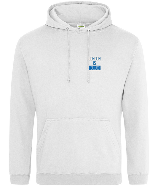 "London Is Blue - Chelsea Chest Design Hoodie Unisex" with a striking chest design, drop shoulder style, and soft cotton fabric, perfect for Chelsea fans.