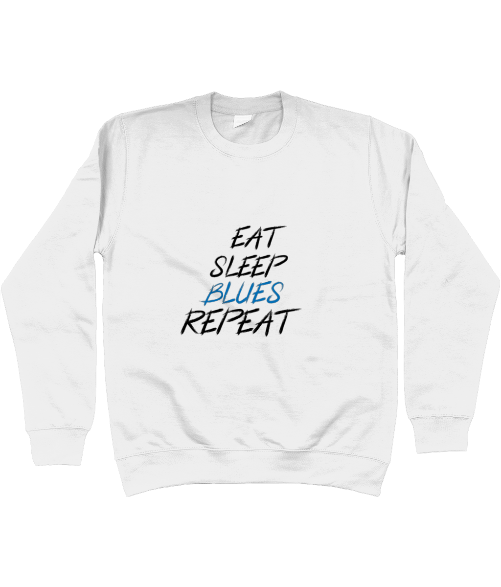 Unisex Chelsea sweatshirt featuring "Eat, Sleep, Blues, Repeat" in bold lettering, ideal for passionate fans.