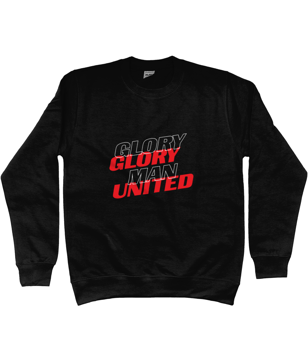 Unisex Manchester United sweatshirt with bold "Glory Glory Man United" chest design, perfect for fans of all genders.