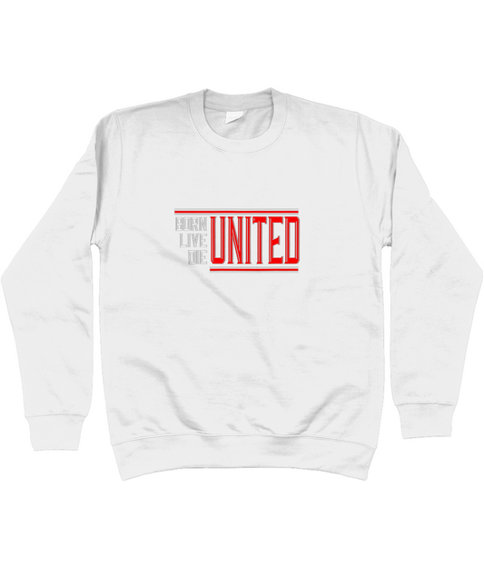 Born, Live, Die United Manchester United Chest Logo Unisex Jumper - Minimalist chest design on a cozy, unisex jumper for dedicated Manchester United fans.