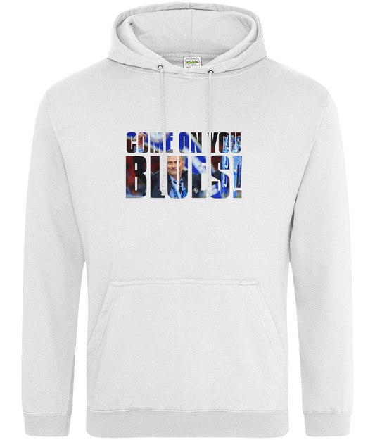 "Come On You Blues - Chelsea Hoodie Unisex" with drop shoulder style, soft cotton fabric, and front pouch pocket, ideal for Chelsea supporters.